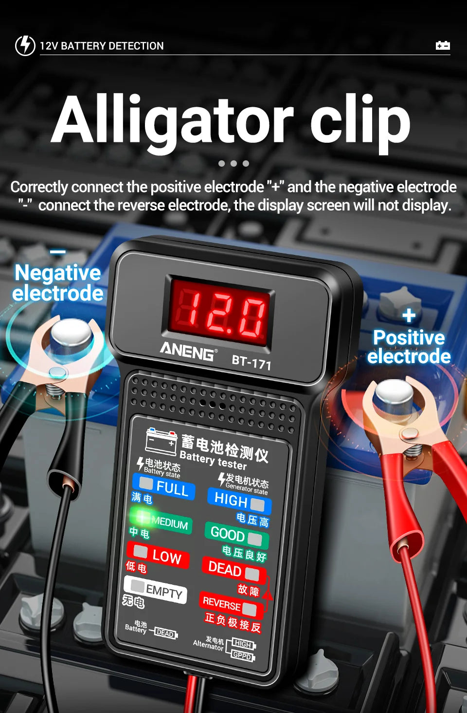 ANENG BT-171 Multifunctional Battery Testers 12V Auto Repair Industry Detection with LED Reverse Display Screen Electrician Tool