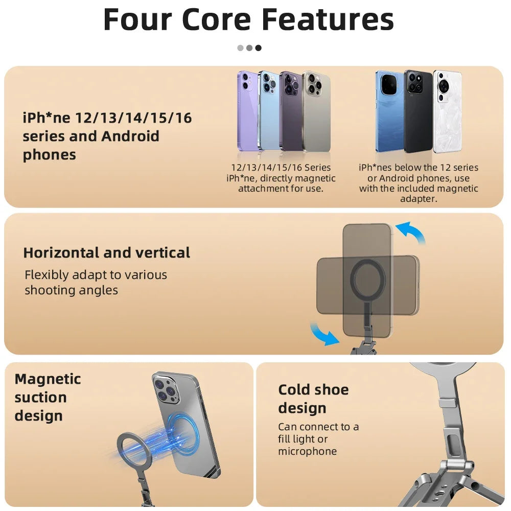 Flymile Magnetic Selfie Stick Tripod for Magsafe iPhone 16 15 14 13 12 Pro Max Samsung Phone Foldable Desktop Tripod 1/4" Holes