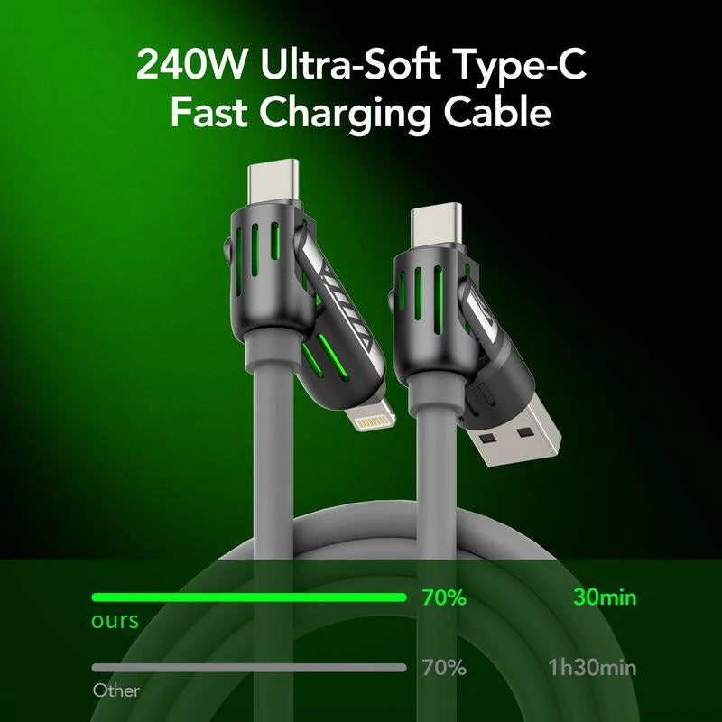 4-in-1 USB Charging Cable ( Free Storage Bag), fast charging MAX 240W USB A TYPE C Lightning for iPhone 16/15 Samsung Galaxy