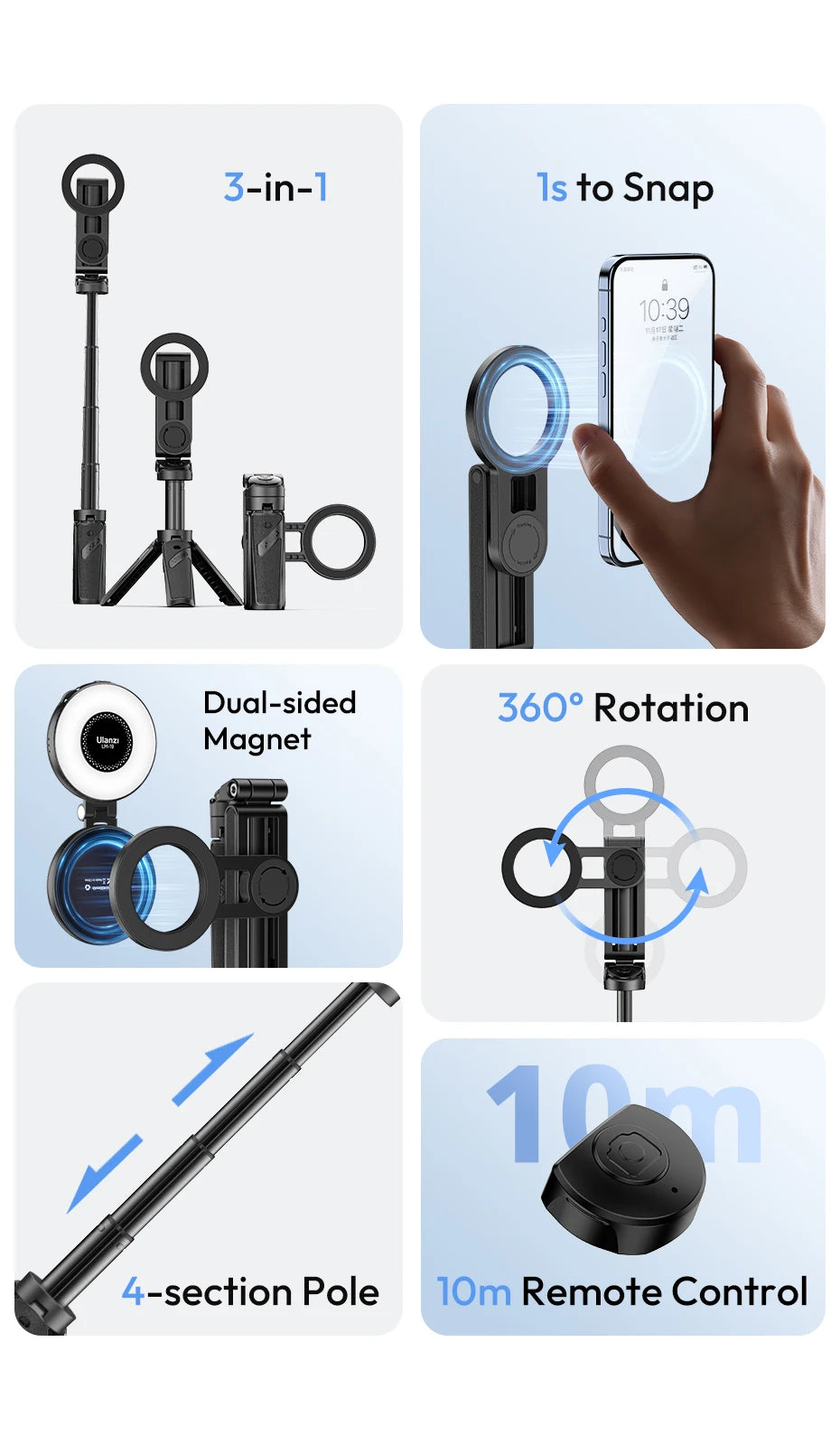 Ulanzi JJ03 Magnetic Phone Tripod Wireless Phone Grip Selfie Stick Desktop Tripod for iPhone 16 15 14 13 Pro Pro Max