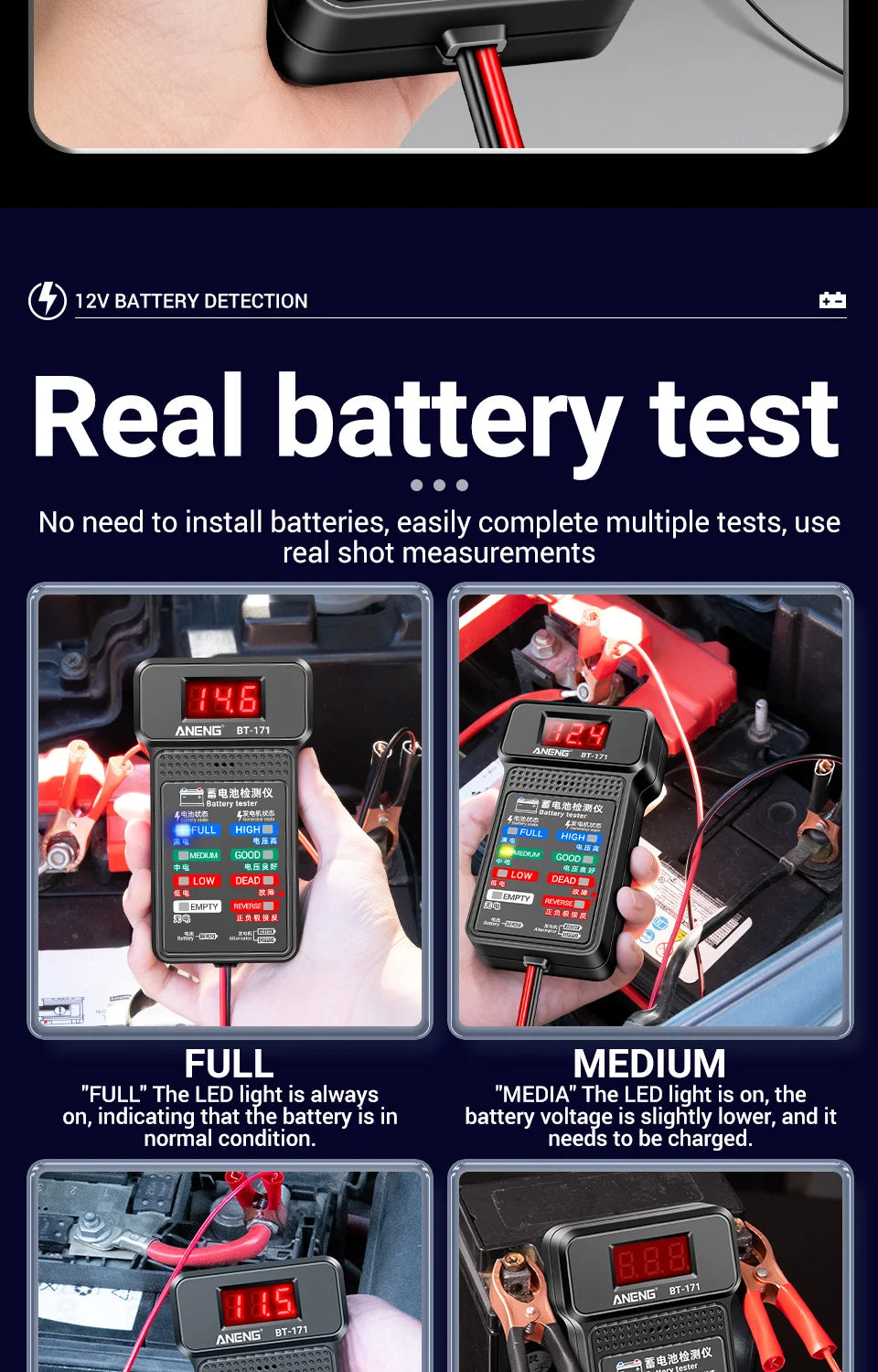 ANENG BT-171 Multifunctional Battery Testers 12V Auto Repair Industry Detection with LED Reverse Display Screen Electrician Tool