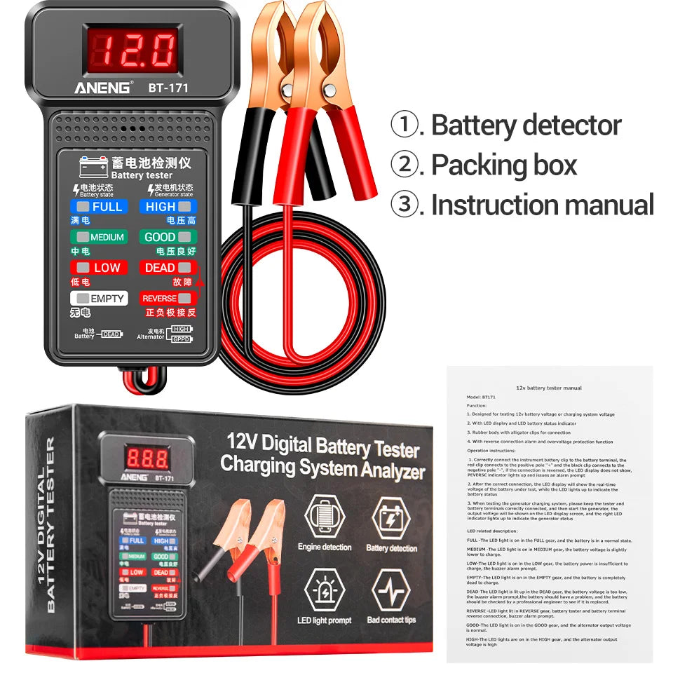 ANENG BT-171 Multifunctional Battery Testers 12V Auto Repair Industry Detection with LED Reverse Display Screen Electrician Tool