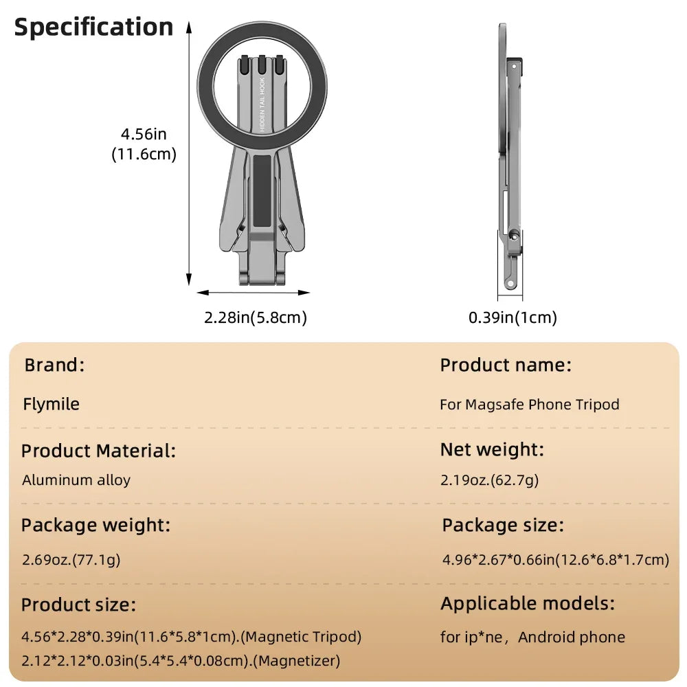 Flymile Magnetic Selfie Stick Tripod for Magsafe iPhone 16 15 14 13 12 Pro Max Samsung Phone Foldable Desktop Tripod 1/4" Holes