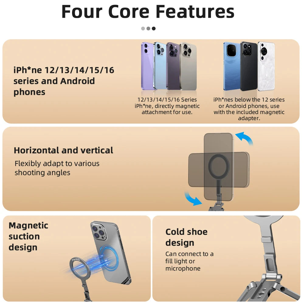 Magnetic Bracket For iPhone 16 15 14 13 Pro/Pro Max,Phone Universal Aluminum Alloy Magnetic Magsafe Tripod Accessories
