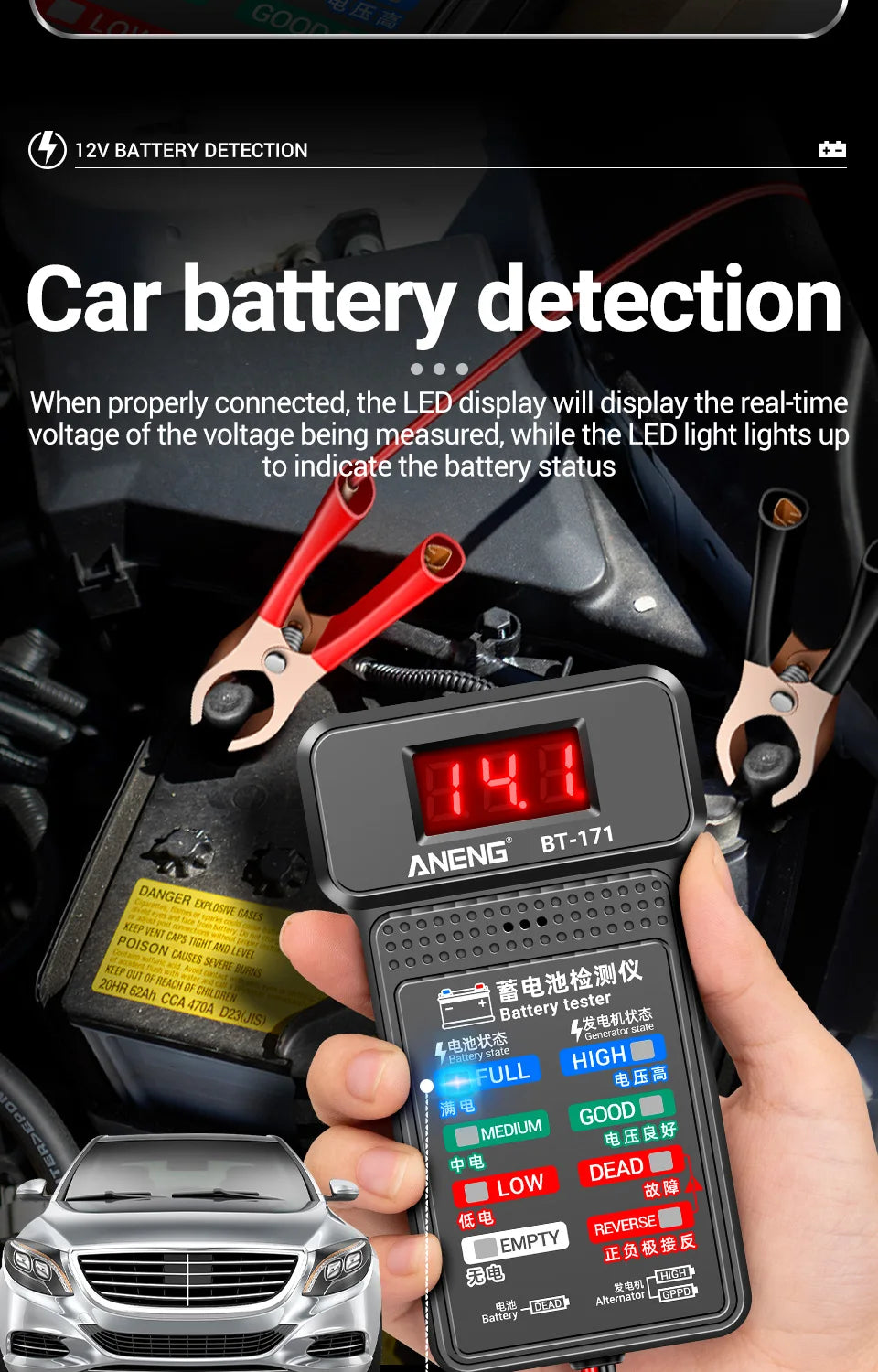ANENG BT-171 Multifunctional Battery Testers 12V Auto Repair Industry Detection with LED Reverse Display Screen Electrician Tool